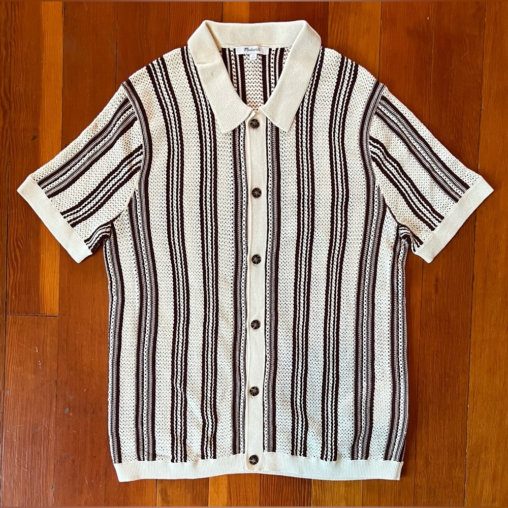 NWOT Madewell Polo Sweater Dark Burgundy Stripe Short Sleeve Cardigan Medium